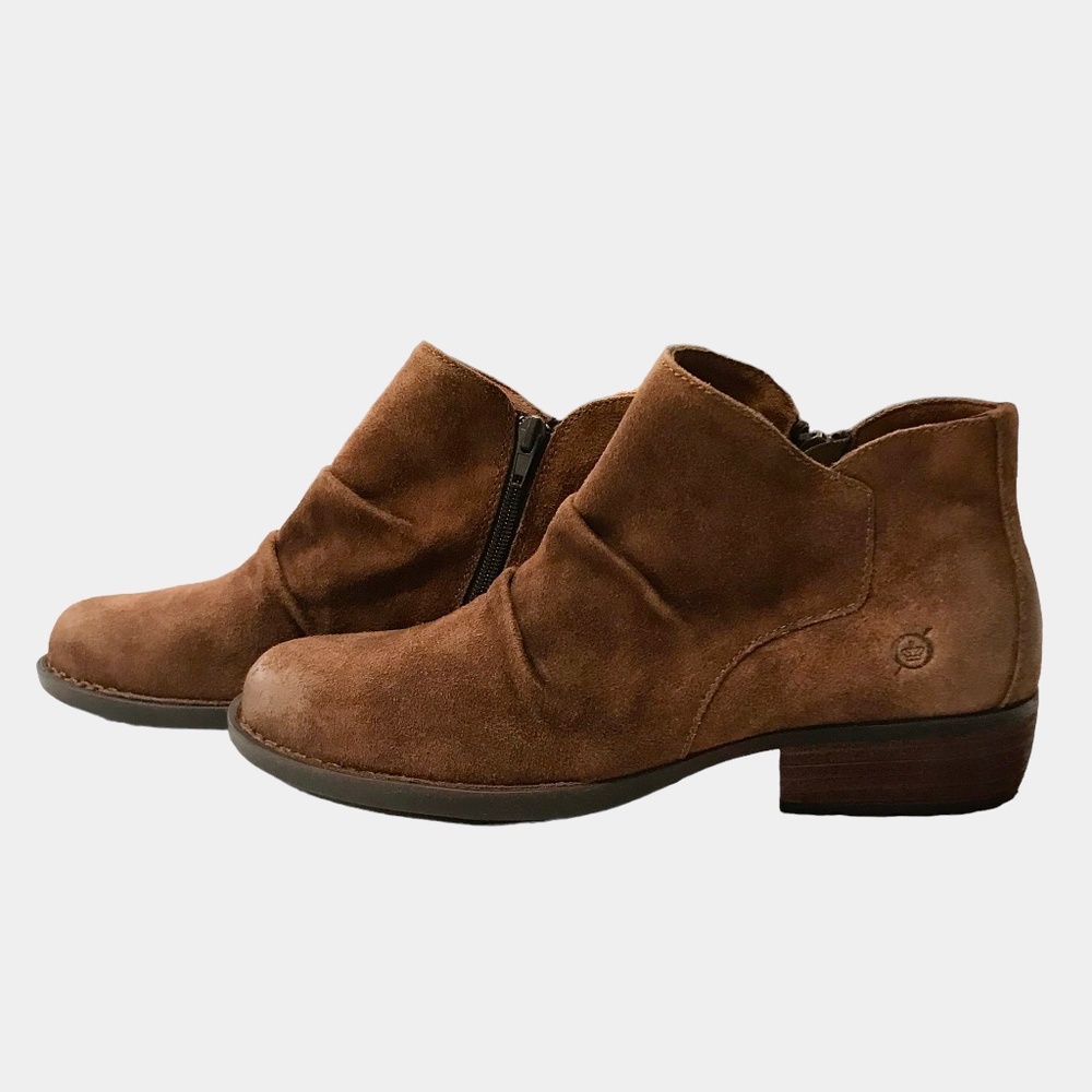 BORN Brown Leather Suede Ankle Booties w/Traction Soles w/Inside Zip, 9.5